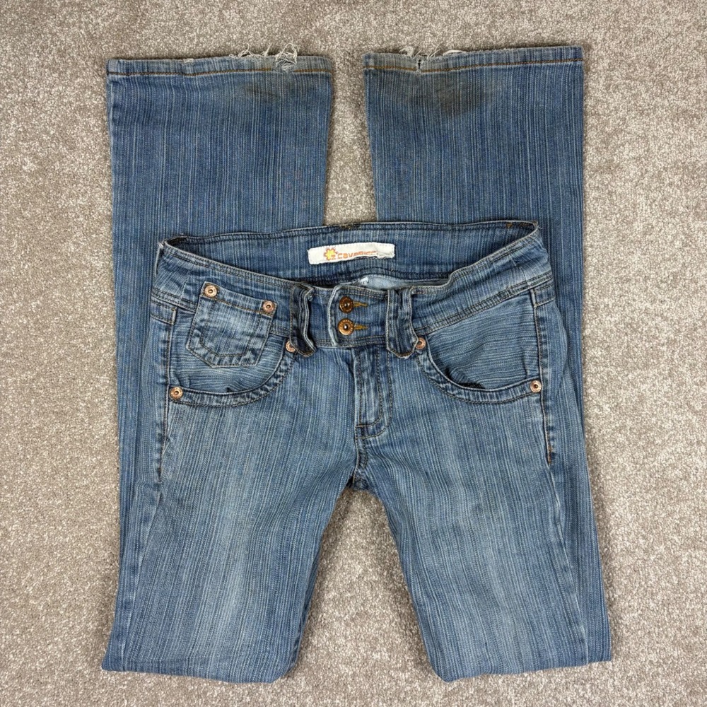 Z Cavaricci Low Rise Flare Jeans Blue Embroidered Flap Pocket Y2K Denim W28 L32